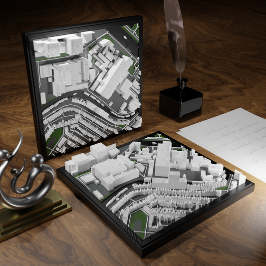 3D-geprinte miniatuur van Gouda stad, beschikbaar in 20 verschillende versies, met gedetailleerde weergave. Verkrijgbaar in een stijlvolle plexiglas kubus of in een ophangbaar frame. Perfect als handgemaakte decoratie voor liefhebbers van Gouda, met keuze tussen een ingelijst ontwerp of een moderne plexi cube.