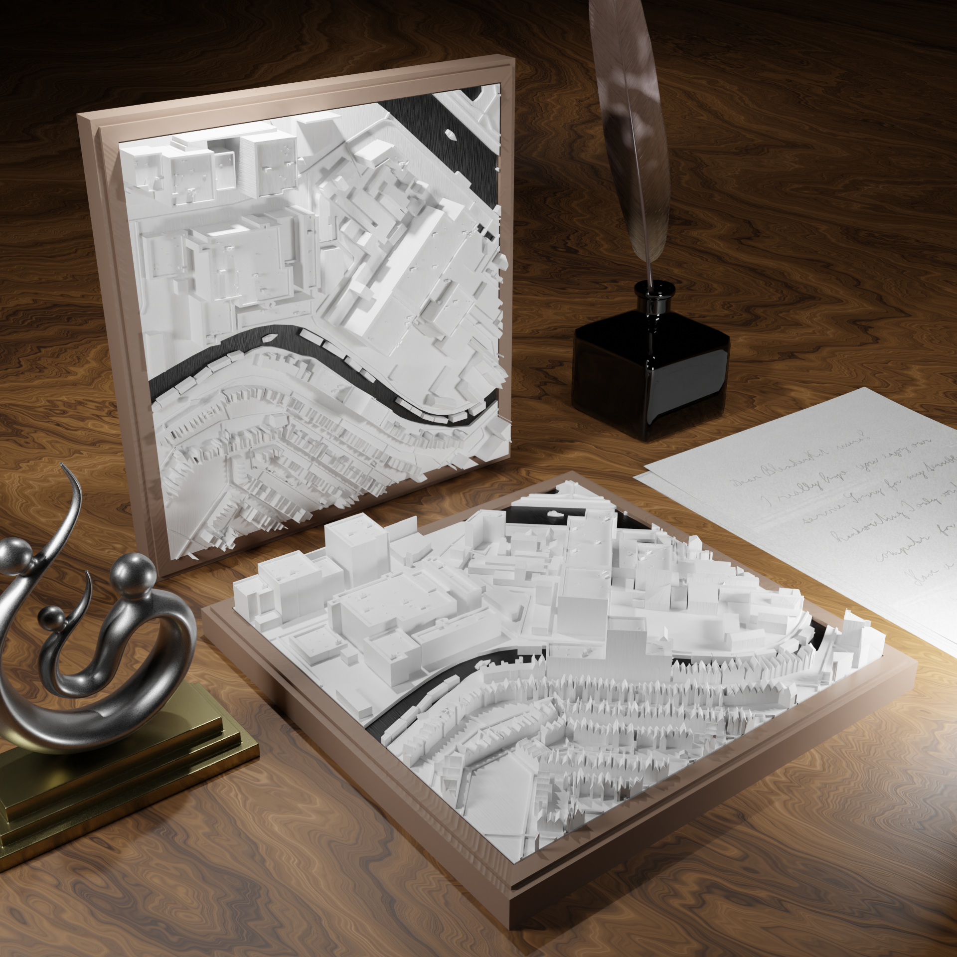 3D-geprinte miniatuur van Gouda stad, beschikbaar in 20 verschillende versies, met gedetailleerde weergave. Verkrijgbaar in een stijlvolle plexiglas kubus of in een ophangbaar frame. Perfect als handgemaakte decoratie voor liefhebbers van Gouda, met keuze tussen een ingelijst ontwerp of een moderne plexi cube.