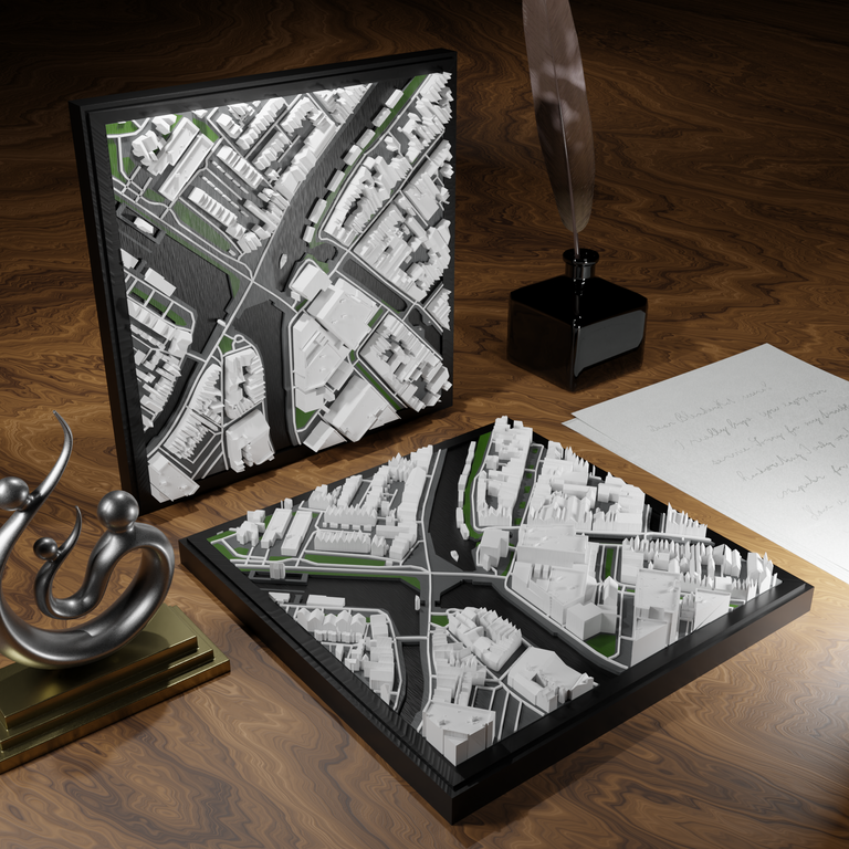 3D-geprinte miniatuur van Gouda stad, beschikbaar in 20 verschillende versies, met gedetailleerde weergave. Verkrijgbaar in een stijlvolle plexiglas kubus of in een ophangbaar frame. Perfect als handgemaakte decoratie voor liefhebbers van Gouda, met keuze tussen een ingelijst ontwerp of een moderne plexi cube.