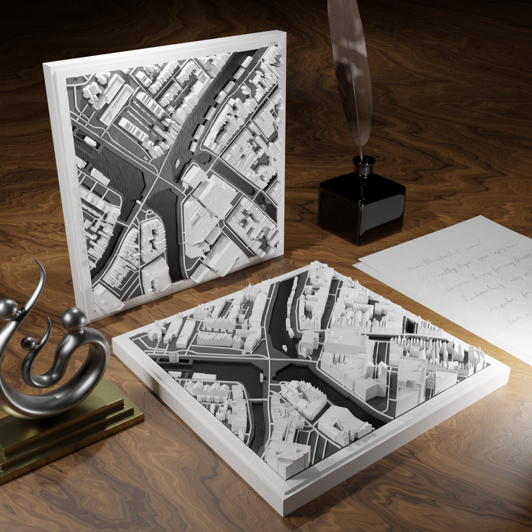 3D-geprinte miniatuur van Gouda stad, beschikbaar in 20 verschillende versies, met gedetailleerde weergave. Verkrijgbaar in een stijlvolle plexiglas kubus of in een ophangbaar frame. Perfect als handgemaakte decoratie voor liefhebbers van Gouda, met keuze tussen een ingelijst ontwerp of een moderne plexi cube.