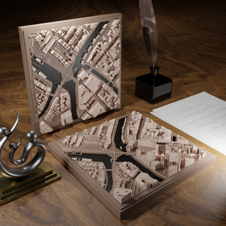 3D-geprinte miniatuur van Gouda stad, beschikbaar in 20 verschillende versies, met gedetailleerde weergave. Verkrijgbaar in een stijlvolle plexiglas kubus of in een ophangbaar frame. Perfect als handgemaakte decoratie voor liefhebbers van Gouda, met keuze tussen een ingelijst ontwerp of een moderne plexi cube.