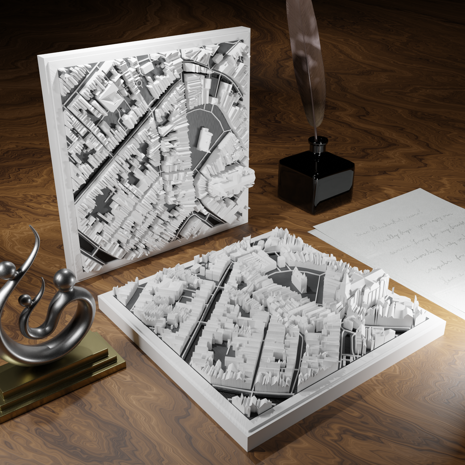 3D-geprinte miniatuur van Gouda stad, beschikbaar in 20 verschillende versies, met gedetailleerde weergave. Verkrijgbaar in een stijlvolle plexiglas kubus of in een ophangbaar frame. Perfect als handgemaakte decoratie voor liefhebbers van Gouda, met keuze tussen een ingelijst ontwerp of een moderne plexi cube.
