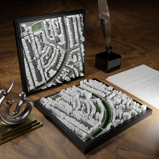 3D-geprinte miniatuur van Gouda stad, beschikbaar in 20 verschillende versies, met gedetailleerde weergave. Verkrijgbaar in een stijlvolle plexiglas kubus of in een ophangbaar frame. Perfect als handgemaakte decoratie voor liefhebbers van Gouda, met keuze tussen een ingelijst ontwerp of een moderne plexi cube.