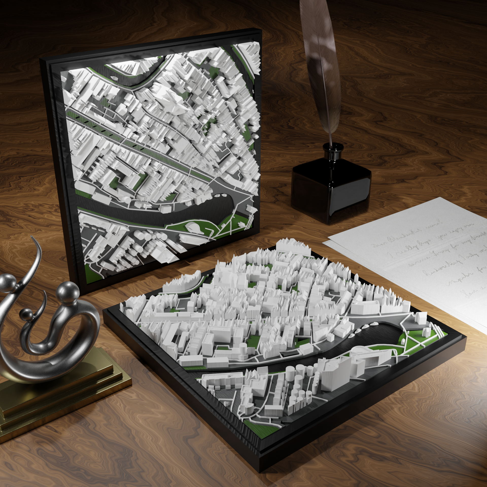 3D-geprinte miniatuur van Gouda stad, beschikbaar in 20 verschillende versies, met gedetailleerde weergave. Verkrijgbaar in een stijlvolle plexiglas kubus of in een ophangbaar frame. Perfect als handgemaakte decoratie voor liefhebbers van Gouda, met keuze tussen een ingelijst ontwerp of een moderne plexi cube.