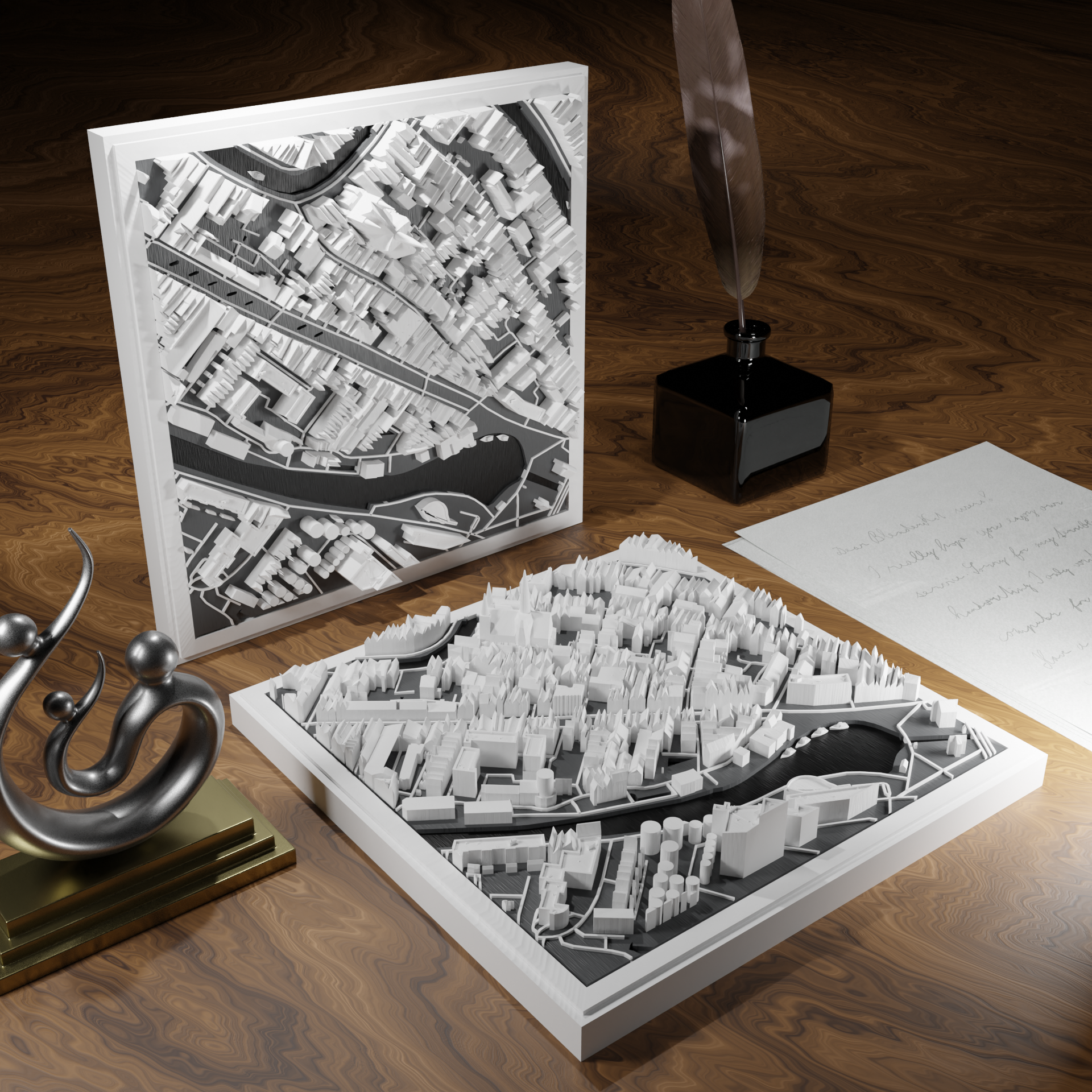 3D-geprinte miniatuur van Gouda stad, beschikbaar in 20 verschillende versies, met gedetailleerde weergave. Verkrijgbaar in een stijlvolle plexiglas kubus of in een ophangbaar frame. Perfect als handgemaakte decoratie voor liefhebbers van Gouda, met keuze tussen een ingelijst ontwerp of een moderne plexi cube.
