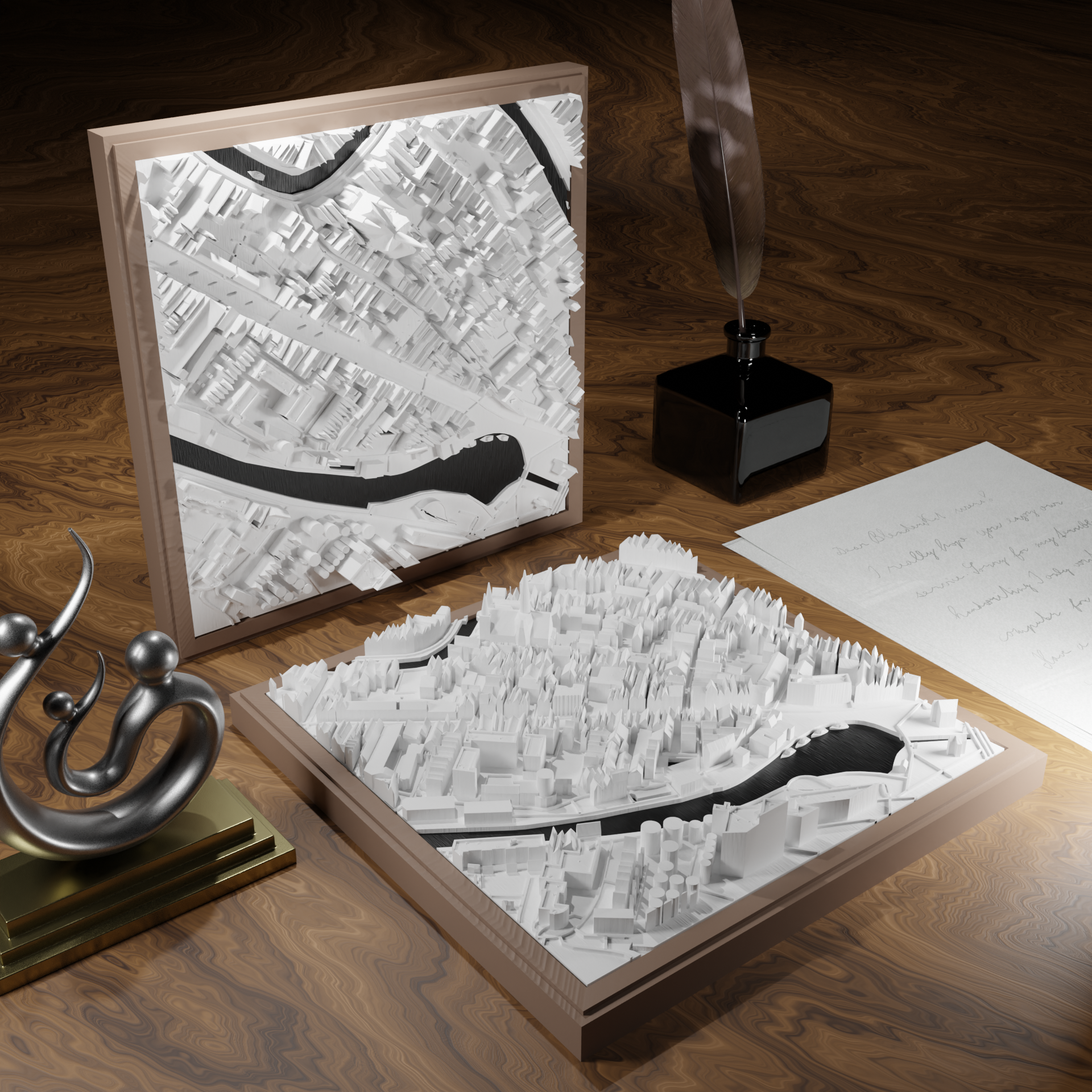 3D-geprinte miniatuur van Gouda stad, beschikbaar in 20 verschillende versies, met gedetailleerde weergave. Verkrijgbaar in een stijlvolle plexiglas kubus of in een ophangbaar frame. Perfect als handgemaakte decoratie voor liefhebbers van Gouda, met keuze tussen een ingelijst ontwerp of een moderne plexi cube.