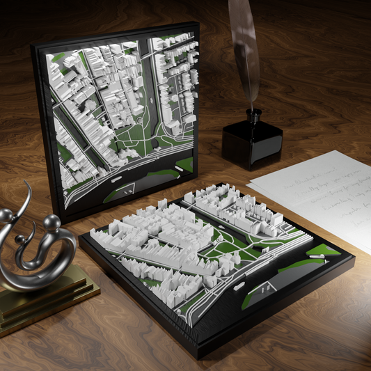 3D-geprinte miniatuur van Gouda stad, beschikbaar in 20 verschillende versies, met gedetailleerde weergave. Verkrijgbaar in een stijlvolle plexiglas kubus of in een ophangbaar frame. Perfect als handgemaakte decoratie voor liefhebbers van Gouda, met keuze tussen een ingelijst ontwerp of een moderne plexi cube.