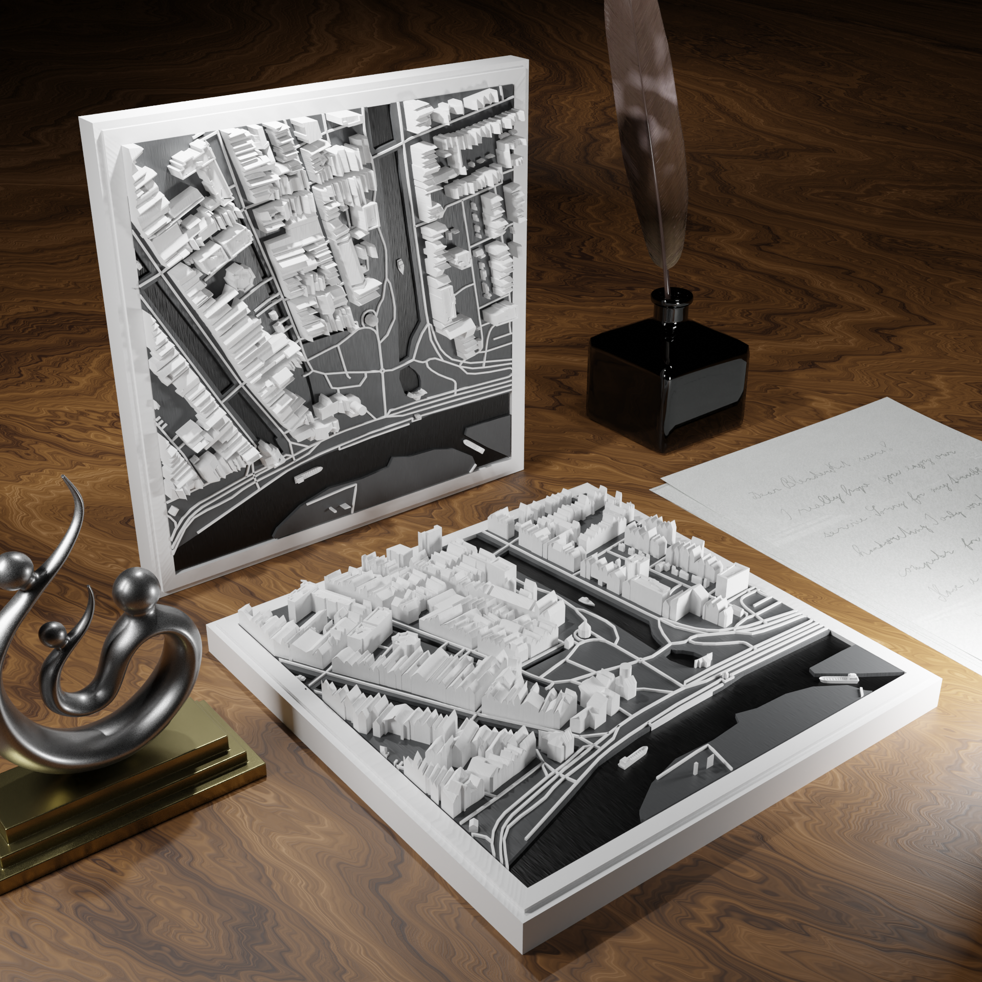 3D-geprinte miniatuur van Gouda stad, beschikbaar in 20 verschillende versies, met gedetailleerde weergave. Verkrijgbaar in een stijlvolle plexiglas kubus of in een ophangbaar frame. Perfect als handgemaakte decoratie voor liefhebbers van Gouda, met keuze tussen een ingelijst ontwerp of een moderne plexi cube.