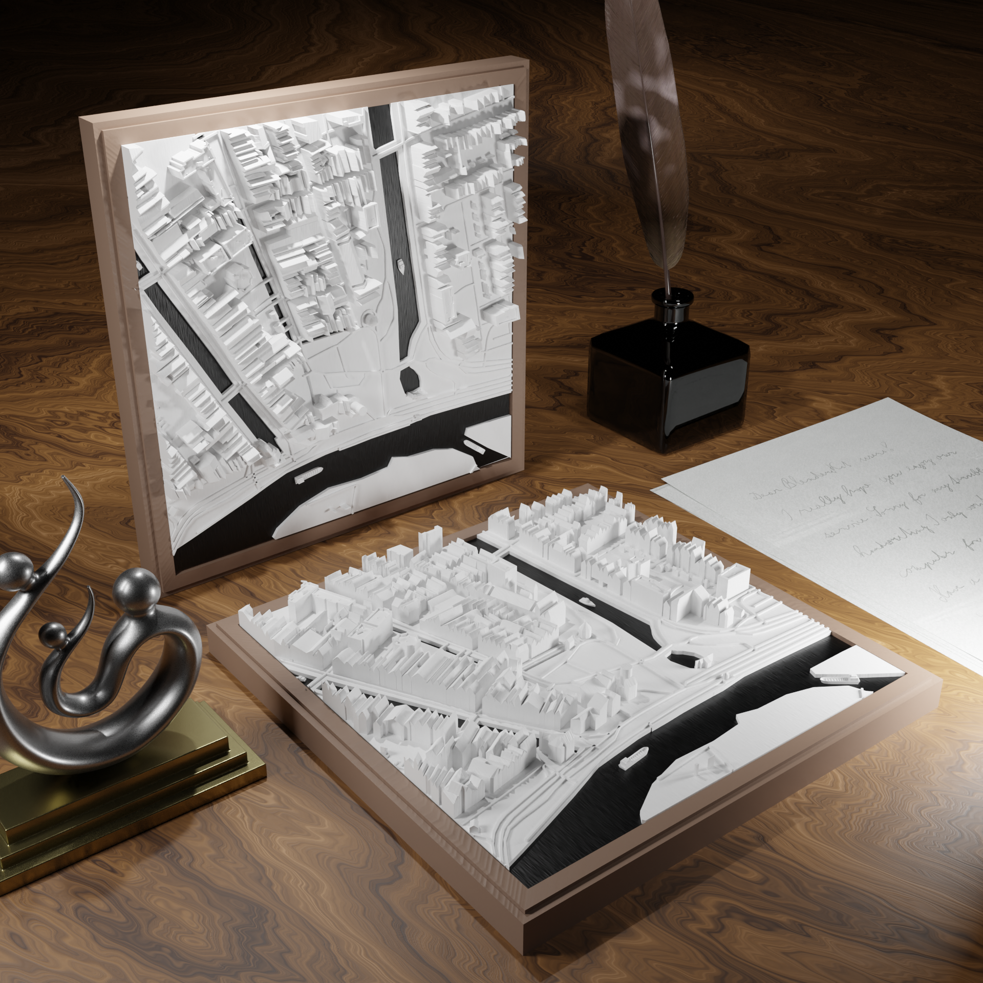 3D-geprinte miniatuur van Gouda stad, beschikbaar in 20 verschillende versies, met gedetailleerde weergave. Verkrijgbaar in een stijlvolle plexiglas kubus of in een ophangbaar frame. Perfect als handgemaakte decoratie voor liefhebbers van Gouda, met keuze tussen een ingelijst ontwerp of een moderne plexi cube.