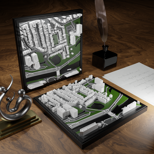 3D-geprinte miniatuur van Gouda stad, beschikbaar in 20 verschillende versies, met gedetailleerde weergave. Verkrijgbaar in een stijlvolle plexiglas kubus of in een ophangbaar frame. Perfect als handgemaakte decoratie voor liefhebbers van Gouda, met keuze tussen een ingelijst ontwerp of een moderne plexi cube.