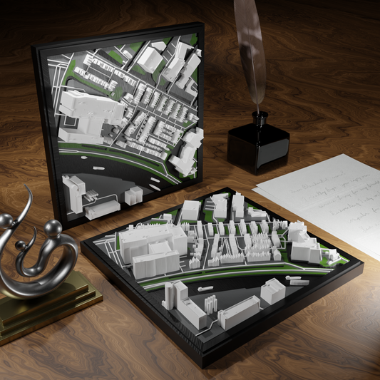 3D-geprinte miniatuur van Gouda stad, beschikbaar in 20 verschillende versies, met gedetailleerde weergave. Verkrijgbaar in een stijlvolle plexiglas kubus of in een ophangbaar frame. Perfect als handgemaakte decoratie voor liefhebbers van Gouda, met keuze tussen een ingelijst ontwerp of een moderne plexi cube.