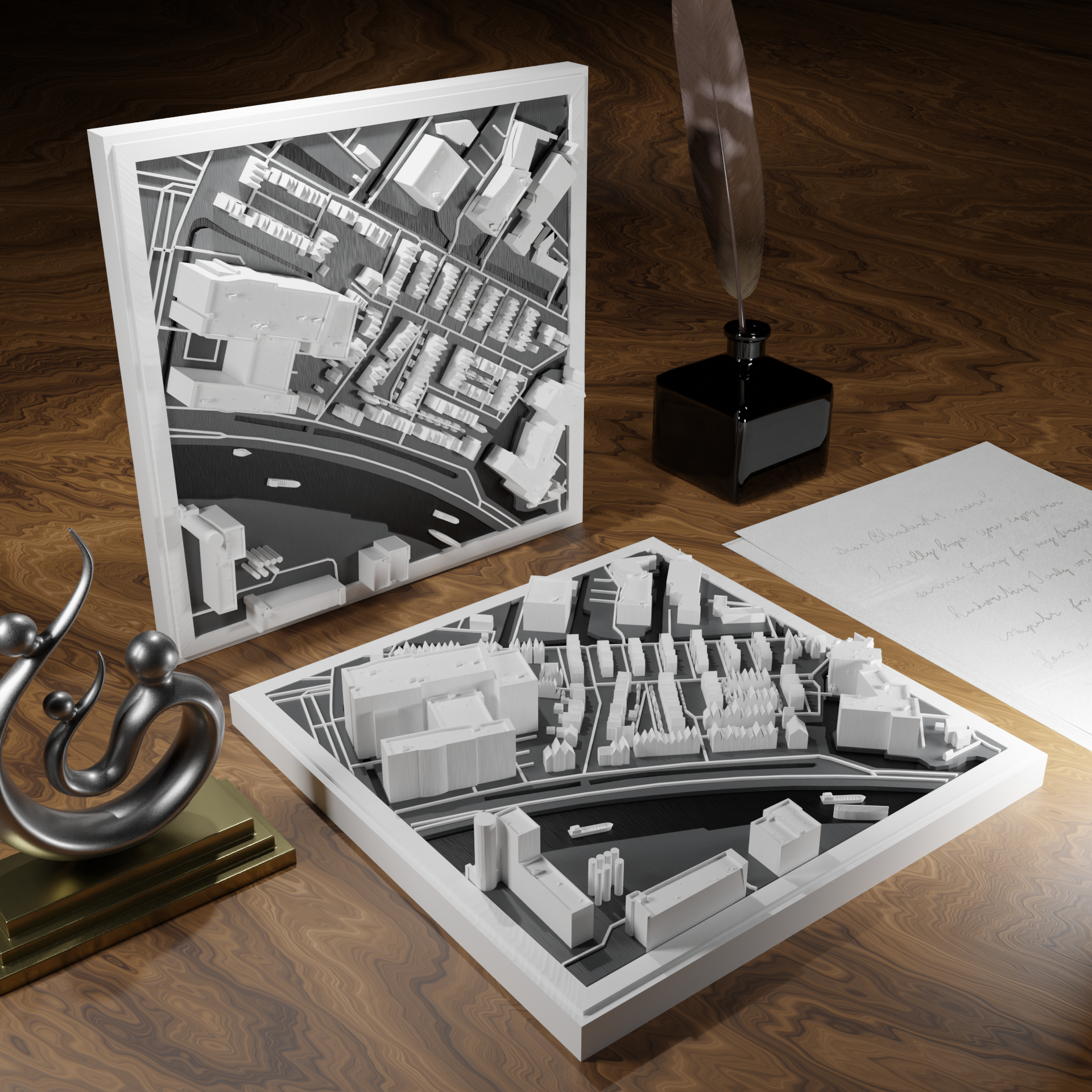 3D-geprinte miniatuur van Gouda stad, beschikbaar in 20 verschillende versies, met gedetailleerde weergave. Verkrijgbaar in een stijlvolle plexiglas kubus of in een ophangbaar frame. Perfect als handgemaakte decoratie voor liefhebbers van Gouda, met keuze tussen een ingelijst ontwerp of een moderne plexi cube.